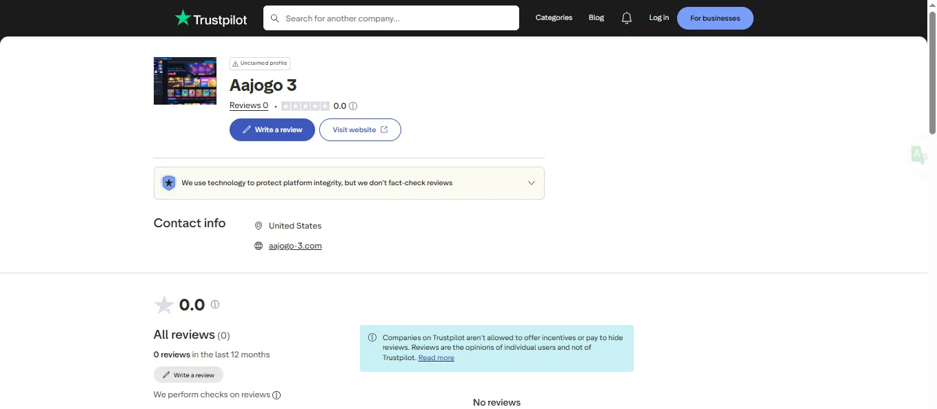 Screenshot of AAJogo's Trustpilot rating overview