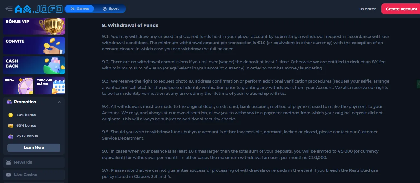 Screenshot of AAJogo's withdrawal section and limits