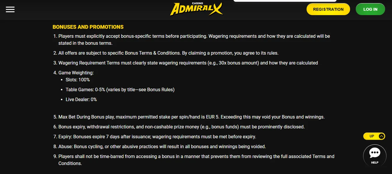 Screenshot of Admiral-X Casino's bonus terms and wagering requirements