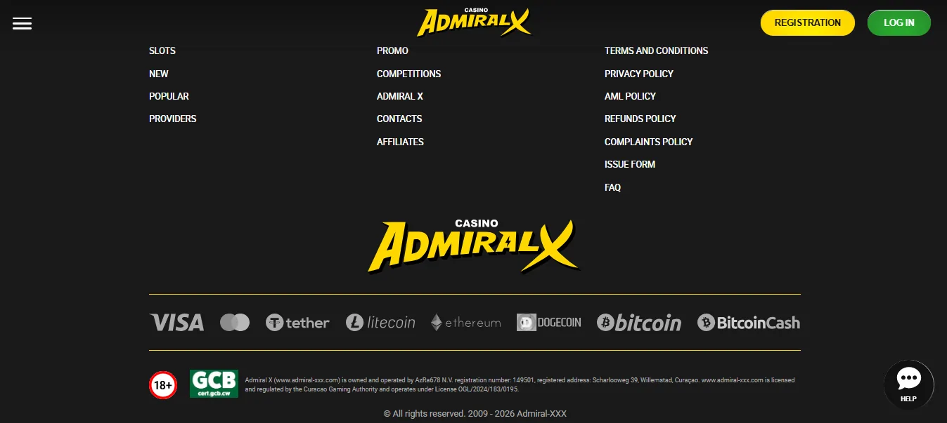 Screenshot of Admiral-X Casino's footer licence and regulator details