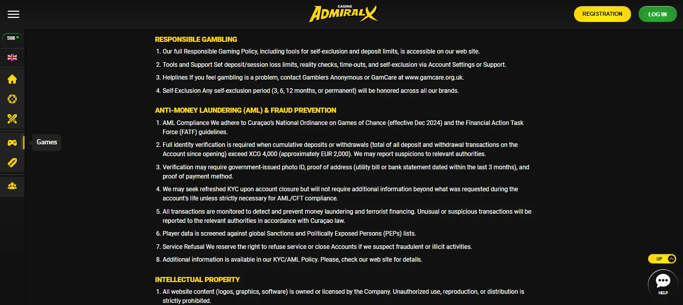 Screenshot of Admiral-X Casino's responsible-gambling tools