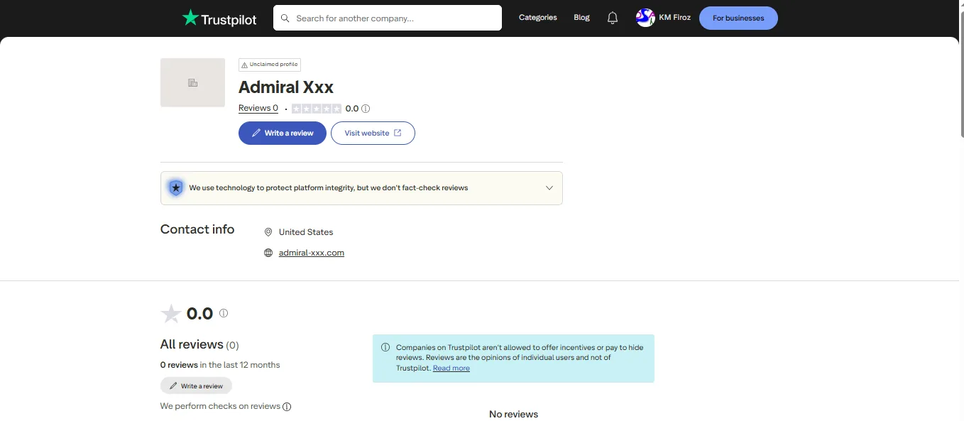 Screenshot of Admiral-X Casino's Trustpilot rating overview