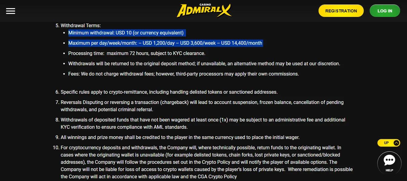Screenshot of Admiral-X Casino's withdrawal section and limits