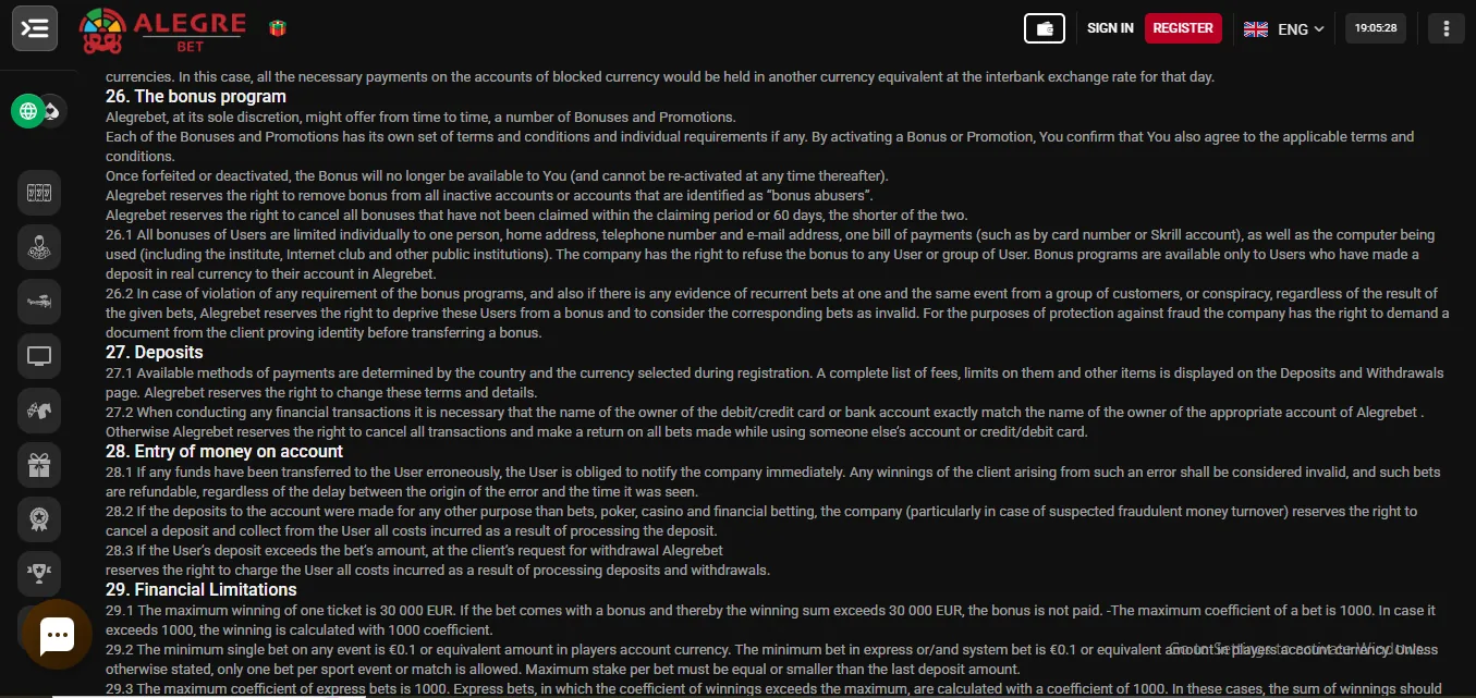 Screenshot of Alegrebet's bonus terms and wagering requirements