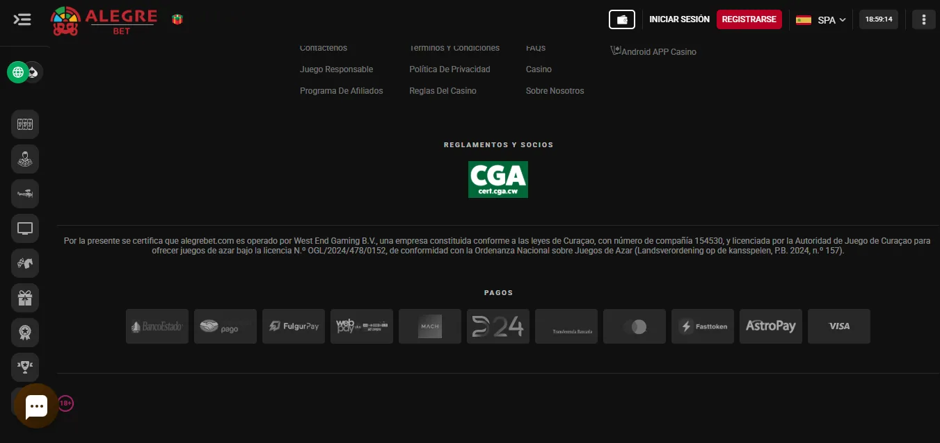 Screenshot of Alegrebet's footer licence and regulator details
