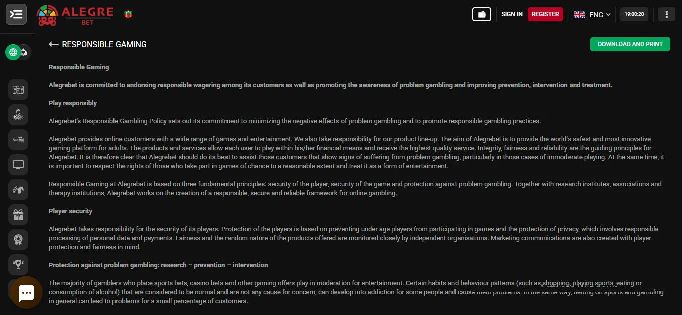 Screenshot of Alegrebet's responsible-gambling tools