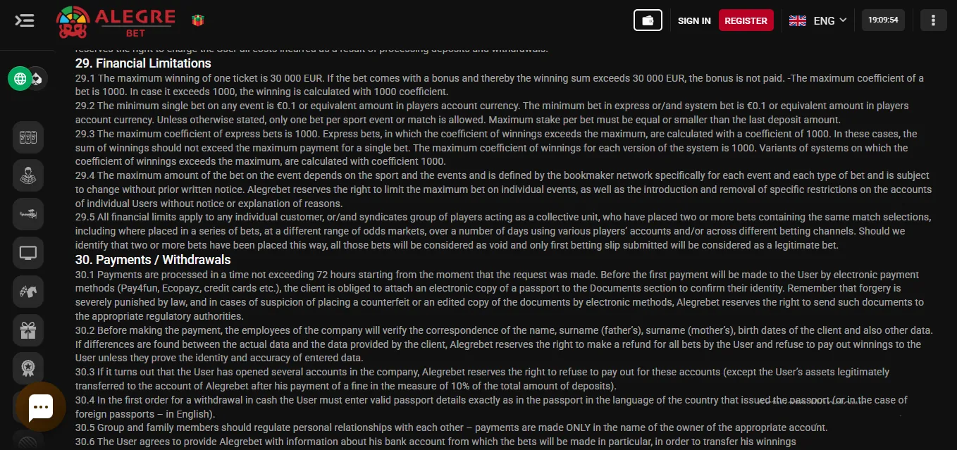 Screenshot of Alegrebet's withdrawal section and limits