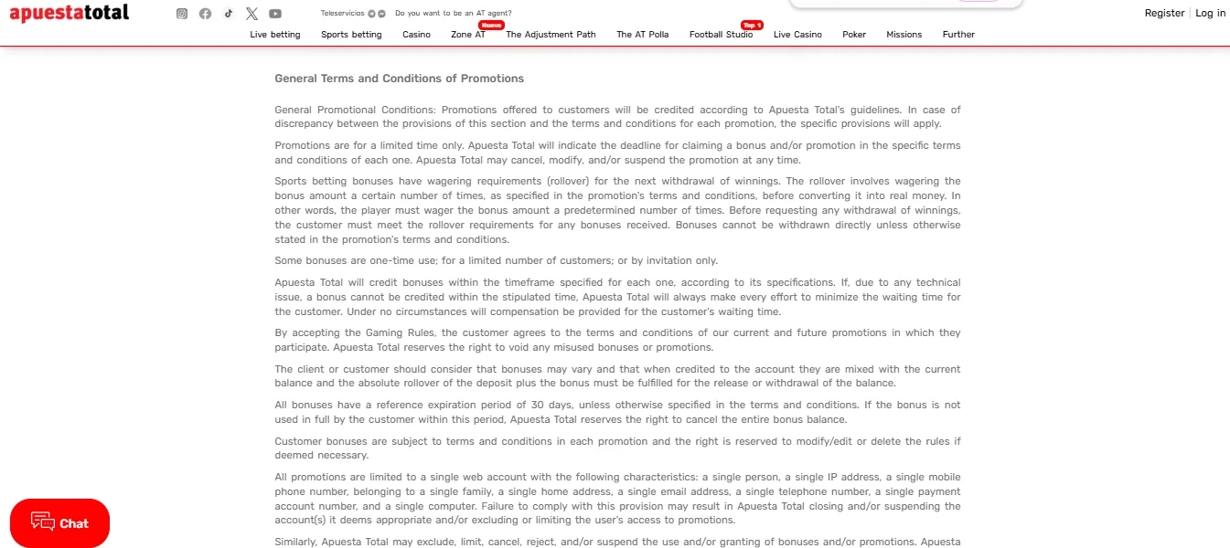 Screenshot of Apuesta Total's bonus terms and wagering requirements