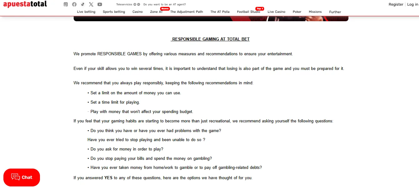 Screenshot of Apuesta Total's responsible-gambling tools