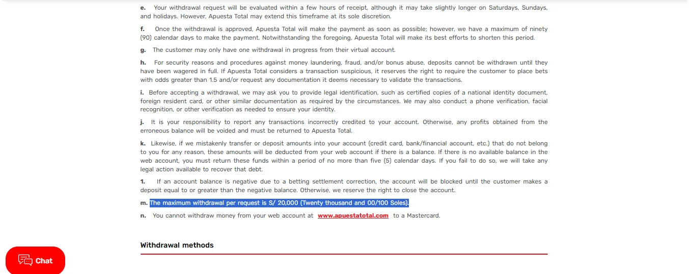 Screenshot of Apuesta Total's withdrawal section and limits