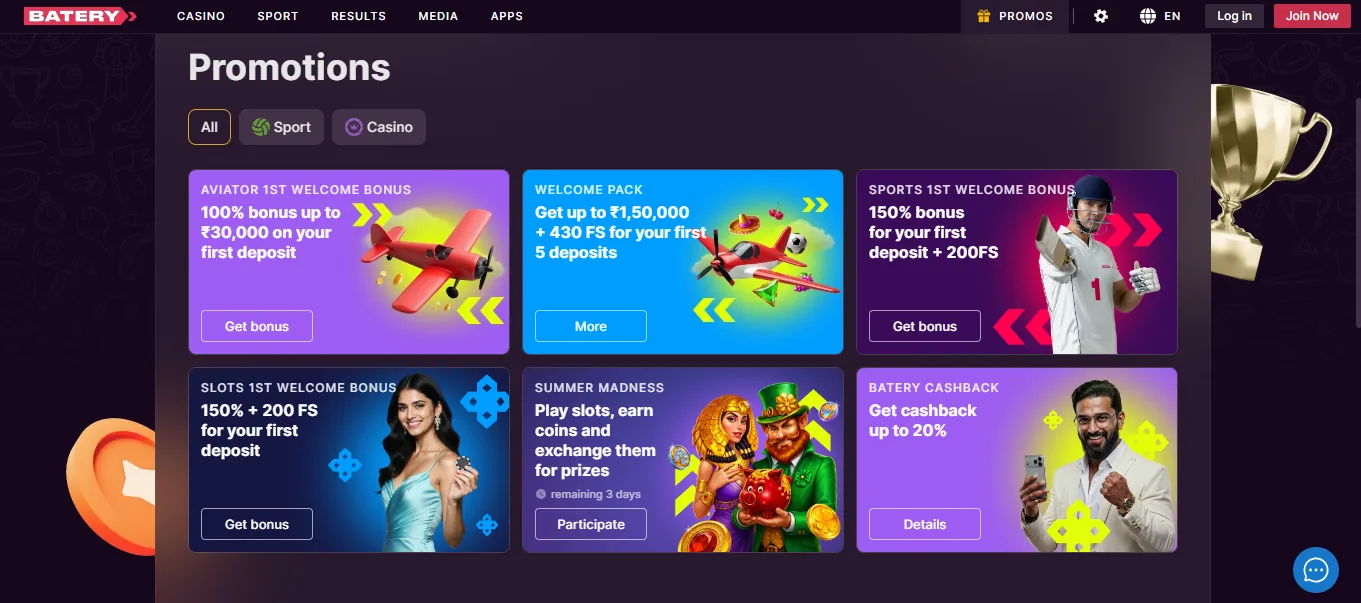 Screenshot of Batery / BateryBet's welcome bonus offer