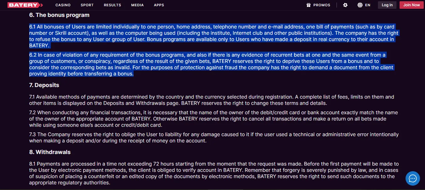 Screenshot of Batery / BateryBet's bonus term