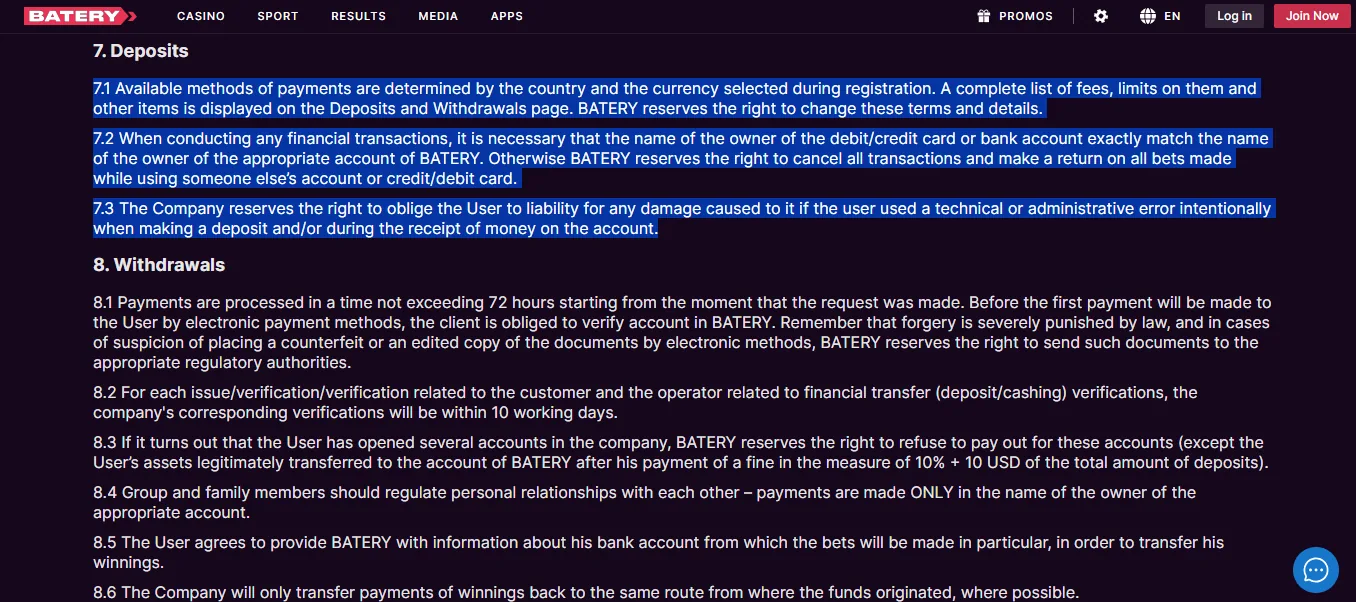 Screenshot of Batery / BateryBet's cashier and payment methods