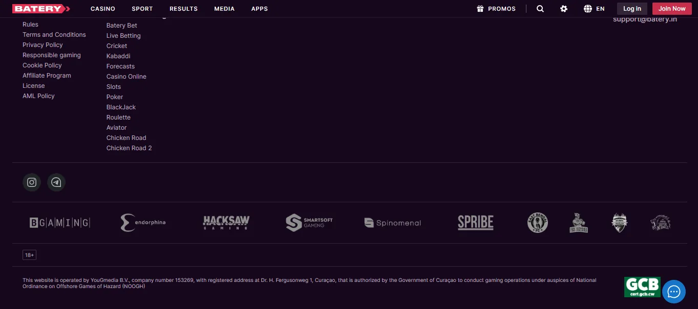 Screenshot of Batery / BateryBet's footer licence and regulator details