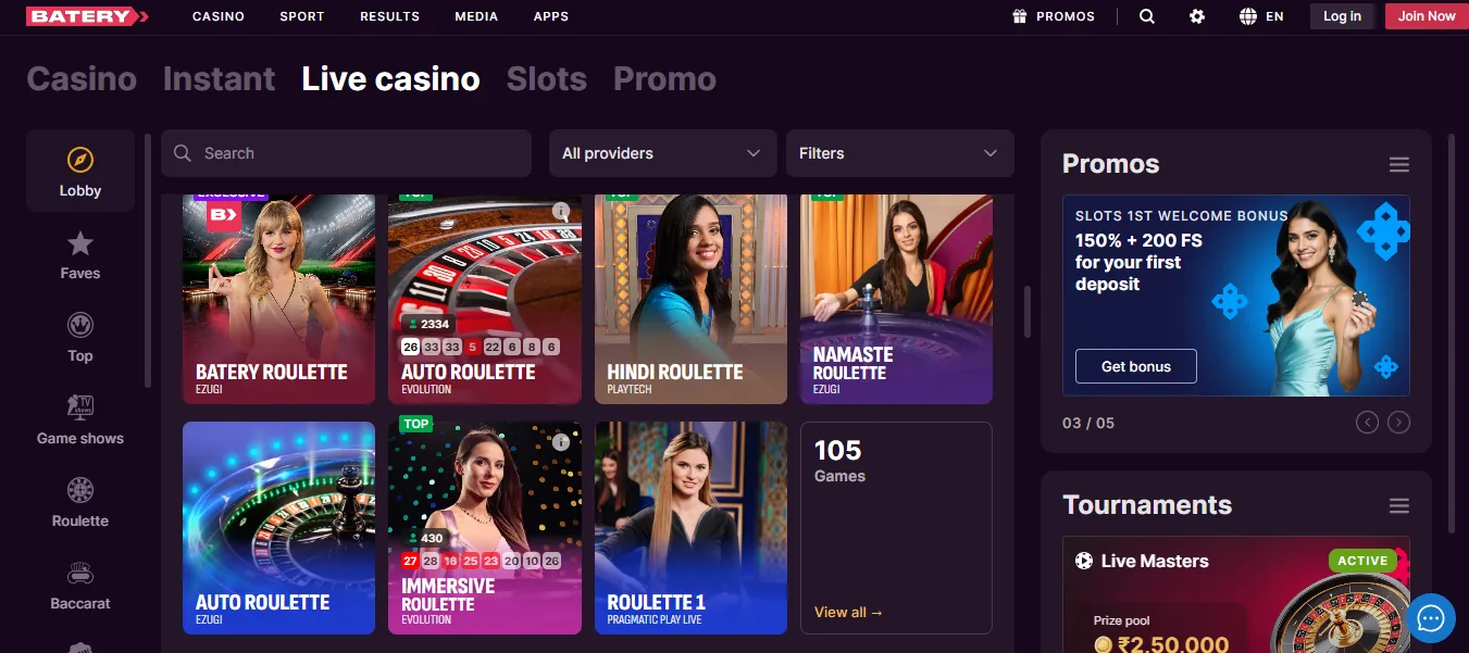 Screenshot of Batery / BateryBet's games lobby