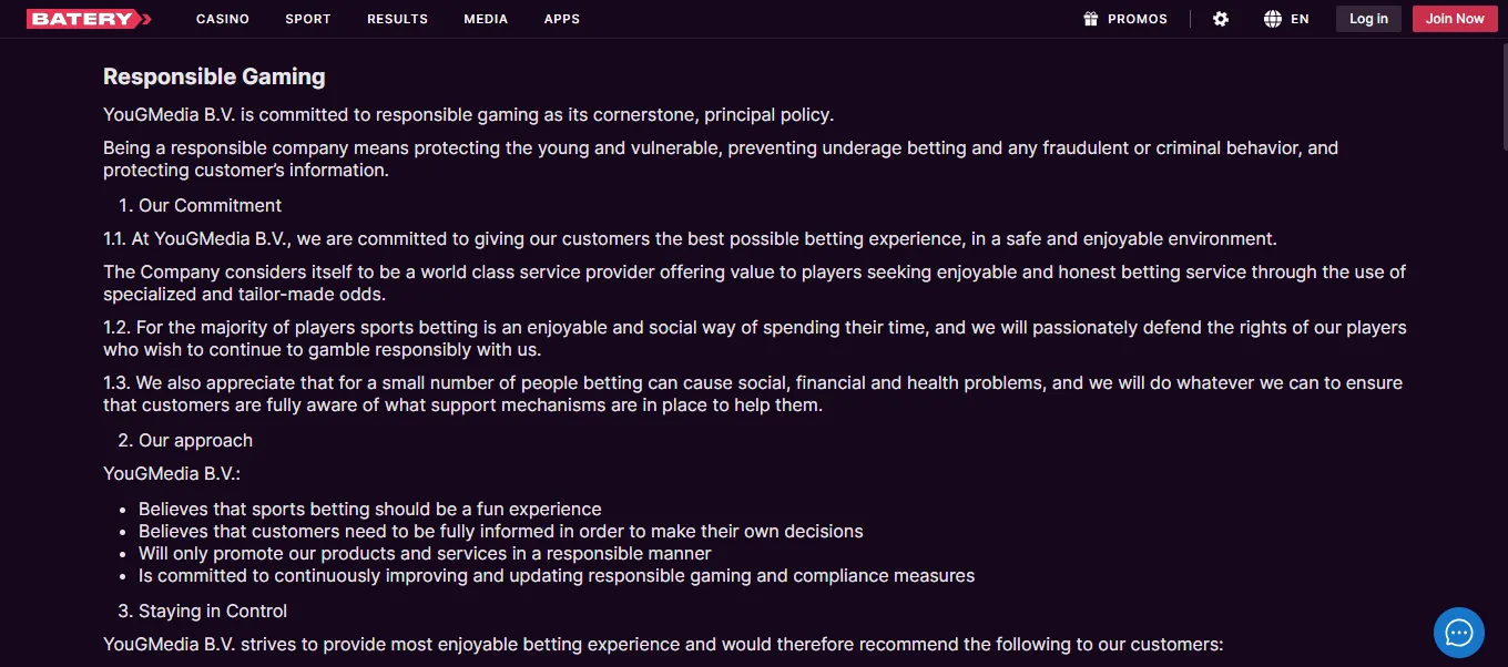 Screenshot of Batery / BateryBet's responsible-gambling tools