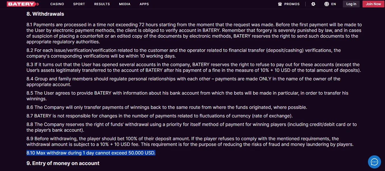 Screenshot of Batery / BateryBet's withdrawal section and limits
