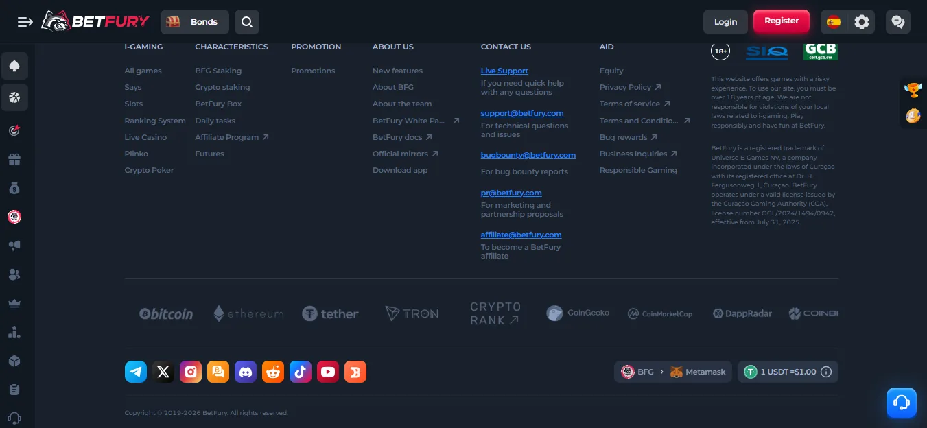 Screenshot of BetFury's footer licence and regulator details