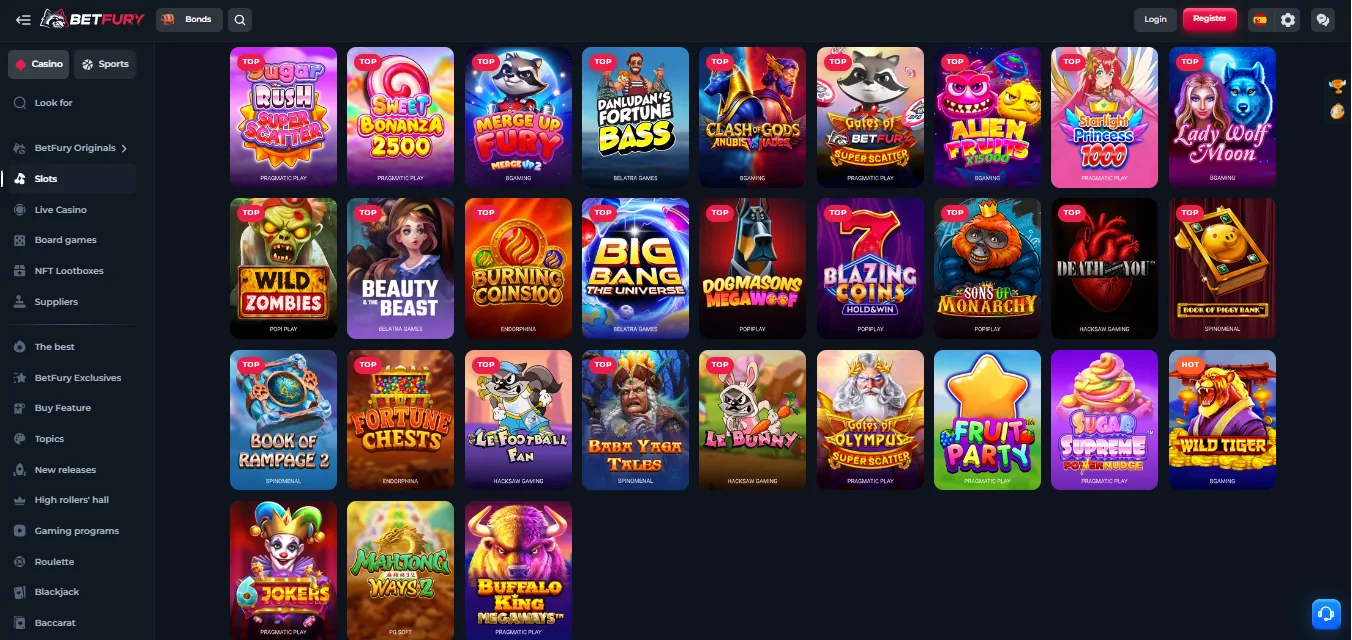Screenshot of BetFury's games lobby