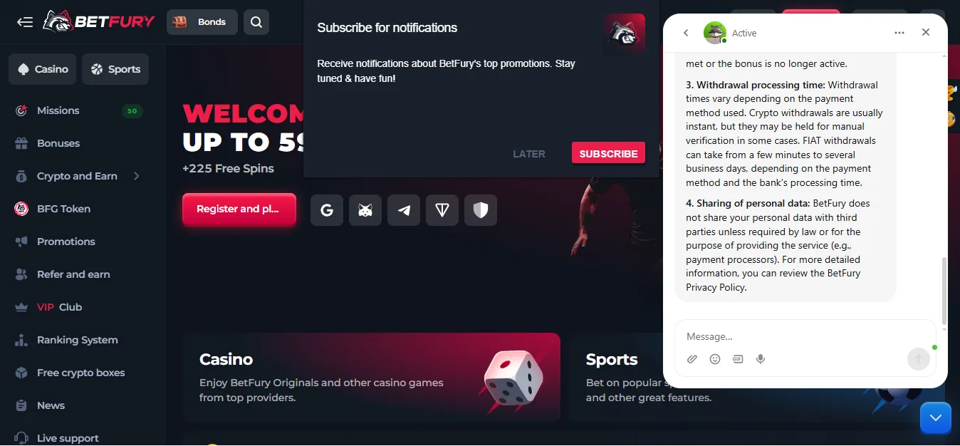 Screenshot of BetFury's live chat support window