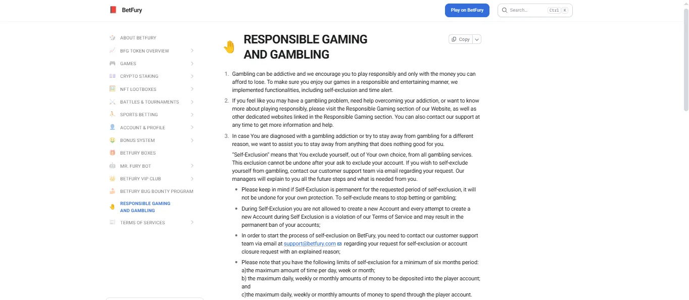 Screenshot of BetFury's responsible-gambling tools