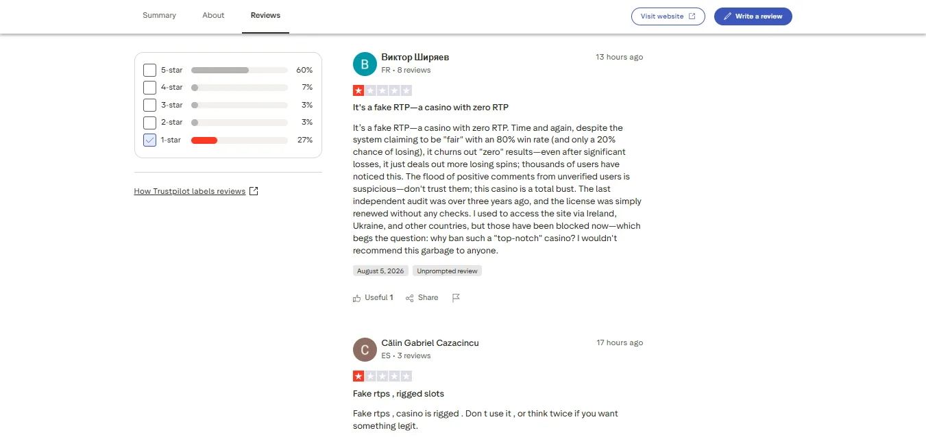 Screenshot of BetFury's negative Trustpilot review