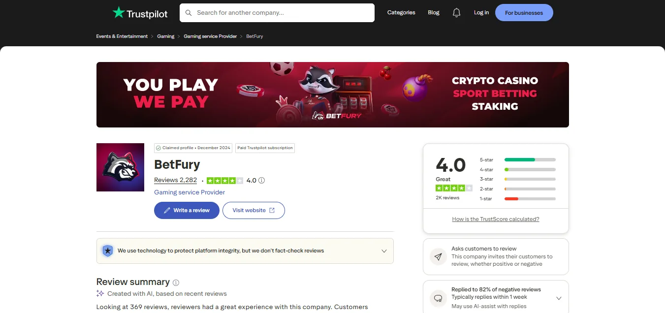Screenshot of BetFury's Trustpilot rating overview
