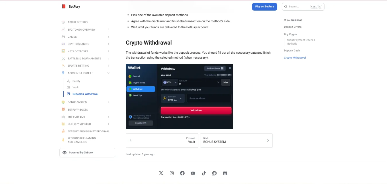 Screenshot of BetFury's withdrawal section and limits