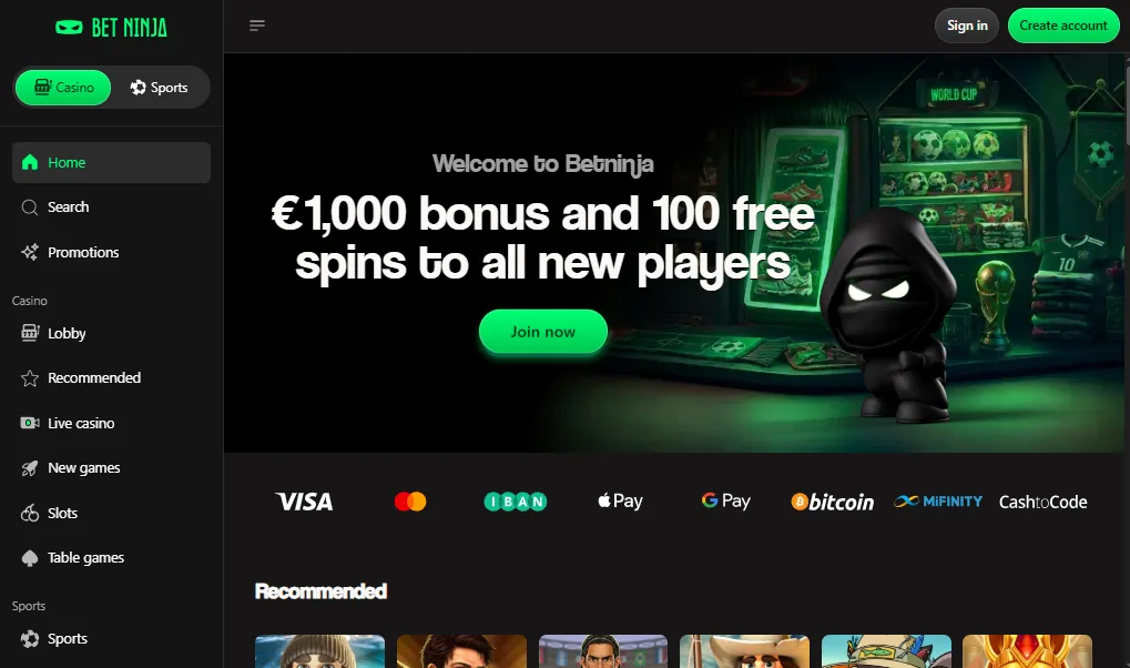 Screenshot of Betninja's homepage