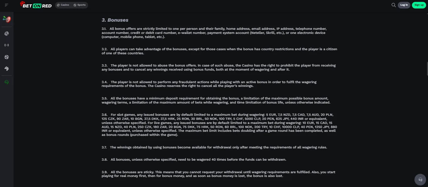 Screenshot of BetOnRed's bonus terms and wagering requirements