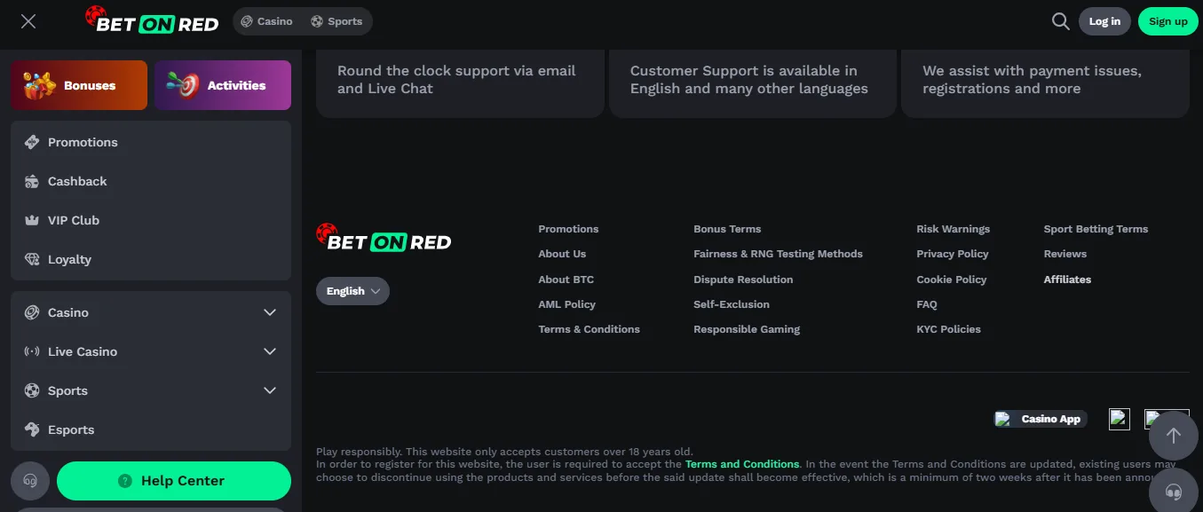 Screenshot of BetOnRed's footer licence and regulator details