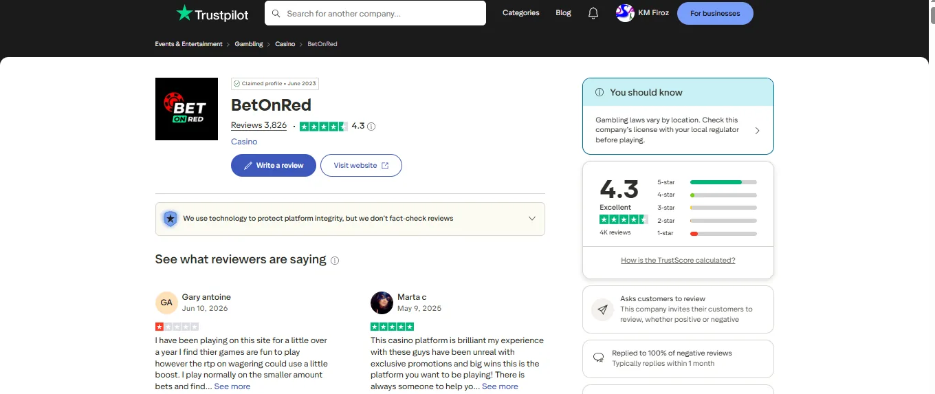 Screenshot of BetOnRed's Trustpilot rating overview