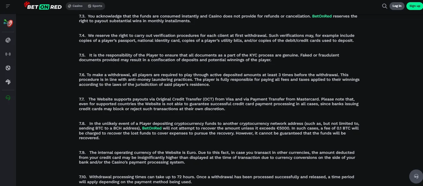 Screenshot of BetOnRed's withdrawal section and limits