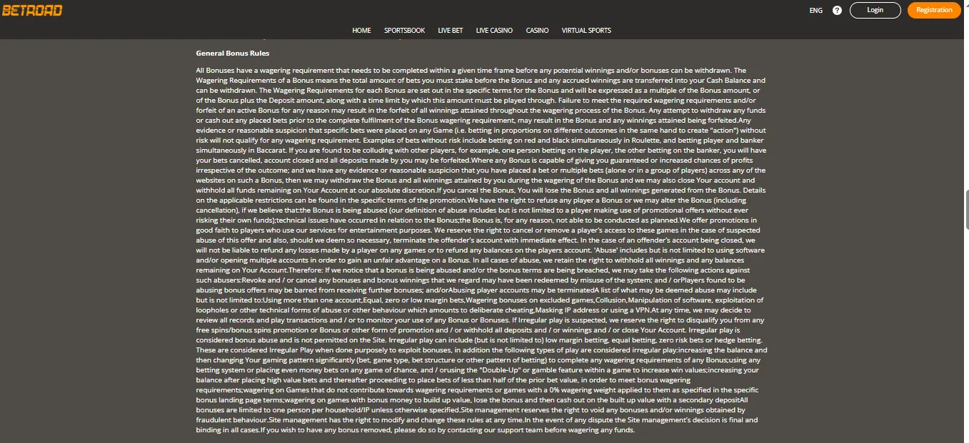 Screenshot of Betroad's bonus terms and wagering requirements