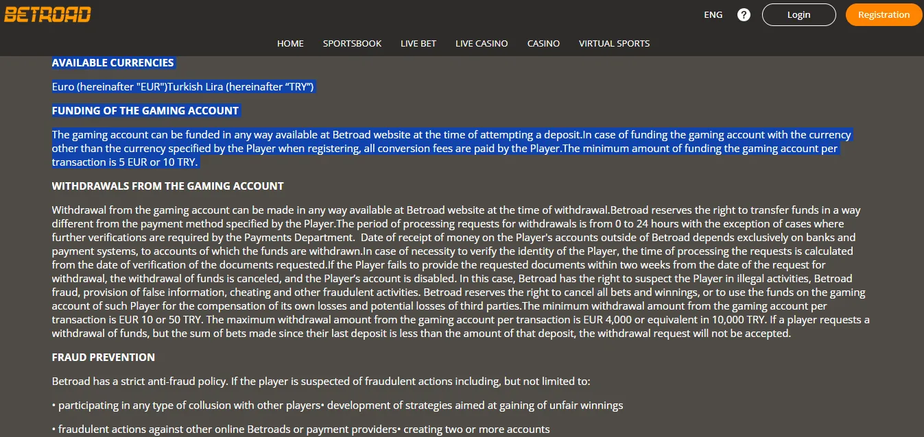 Screenshot of Betroad's cashier and payment methods