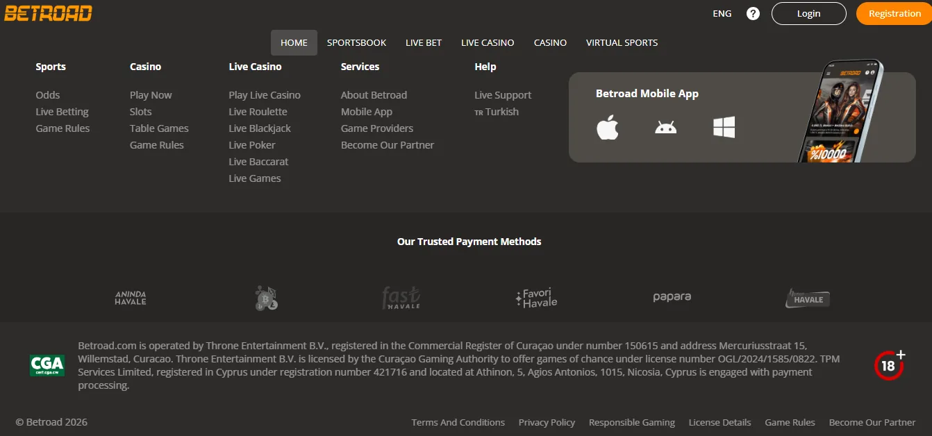 Screenshot of Betroad's footer licence and regulator details