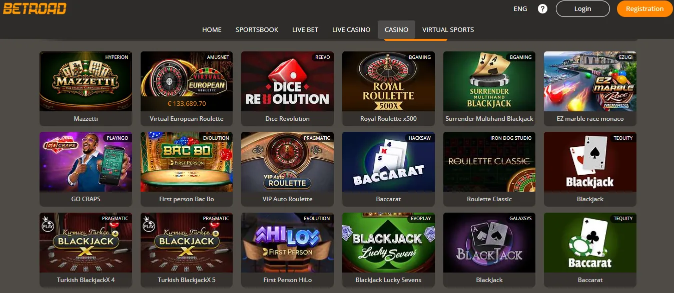 Screenshot of Betroad's games lobby