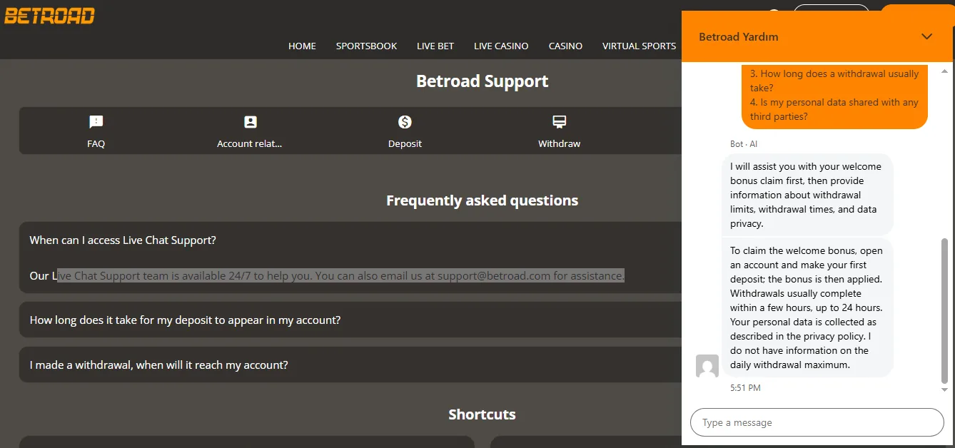 Screenshot of Betroad's live chat support window