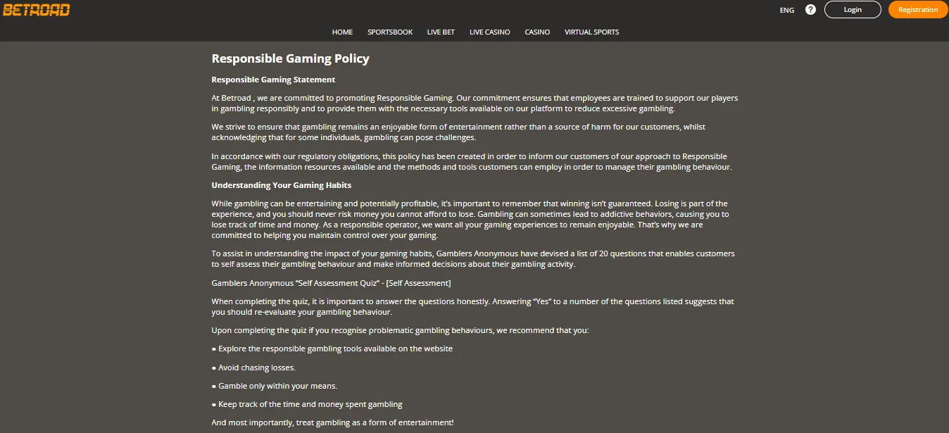 Screenshot of Betroad's responsible-gambling tools