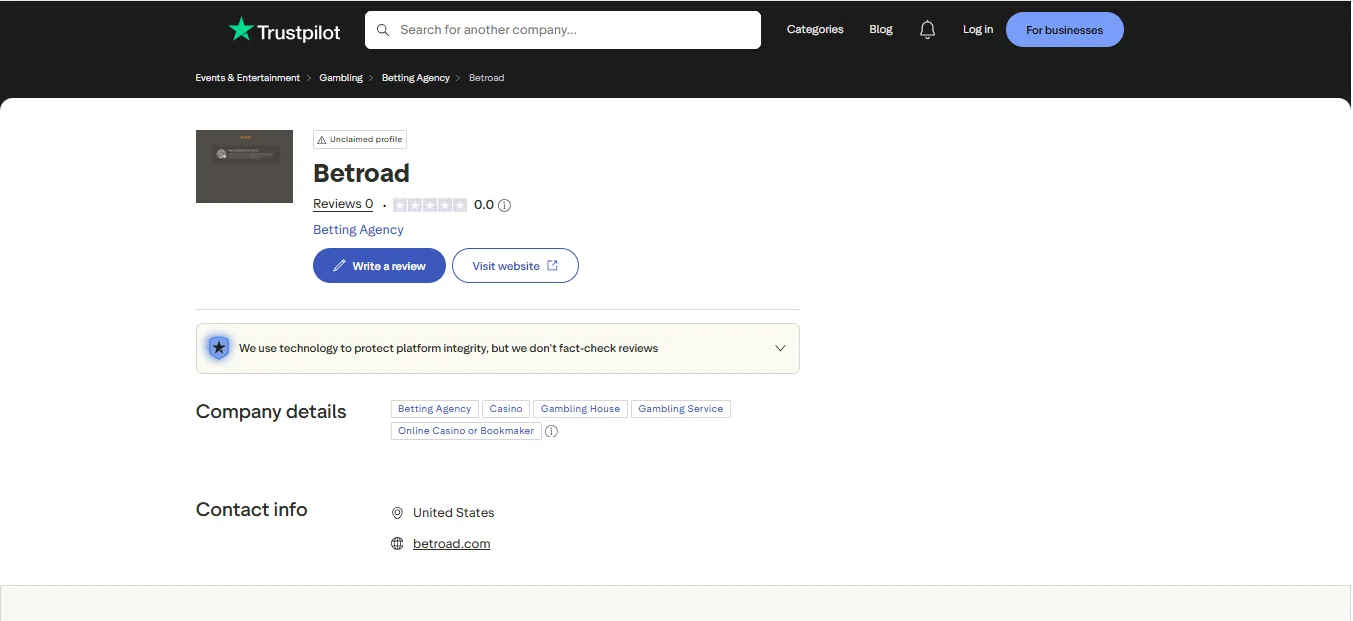 Screenshot of Betroad's Trustpilot rating overview