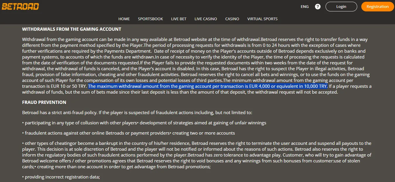 Screenshot of Betroad's withdrawal section and limits