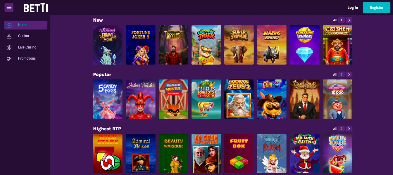 Screenshot of Betti Casino's games lobby