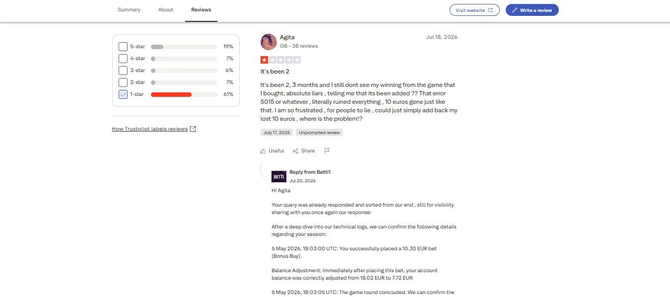 Screenshot of Betti Casino's negative Trustpilot review
