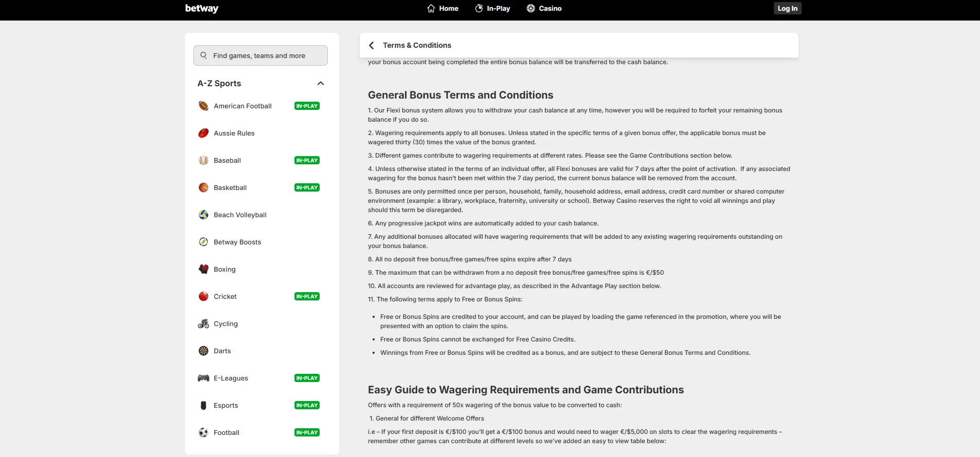 Screenshot of Betway's bonus terms and wagering requirements
