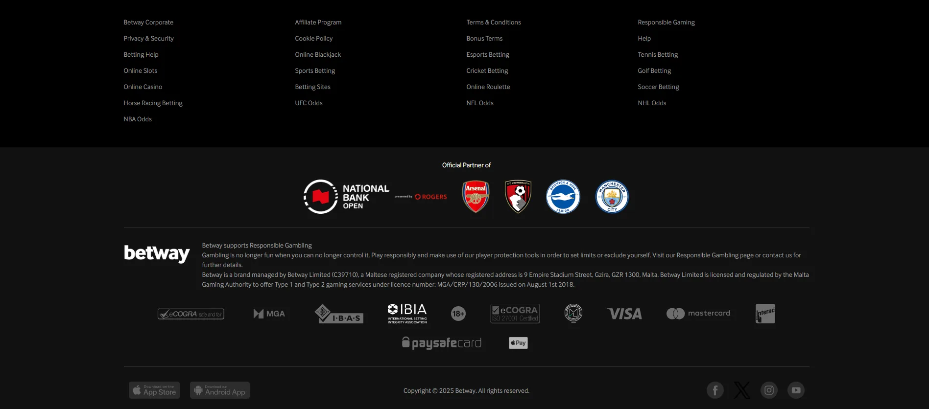 Screenshot of Betway's cashier and payment methods