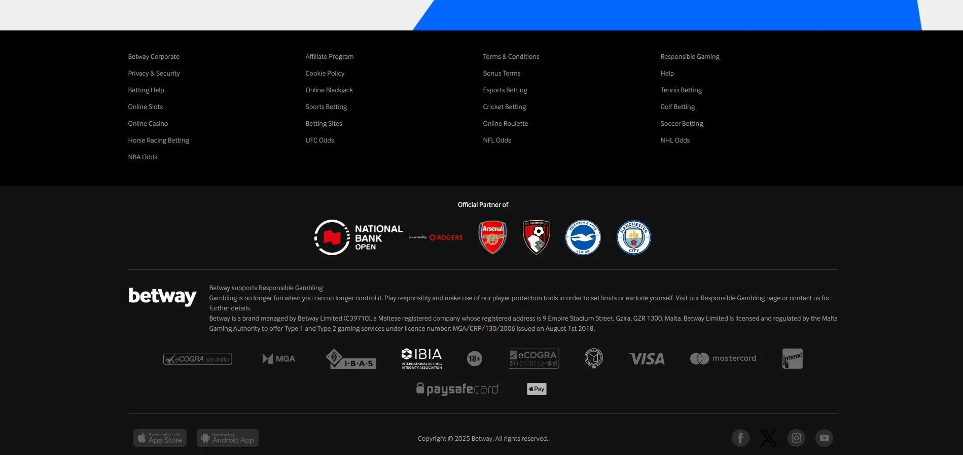 Screenshot of Betway's footer licence and regulator details