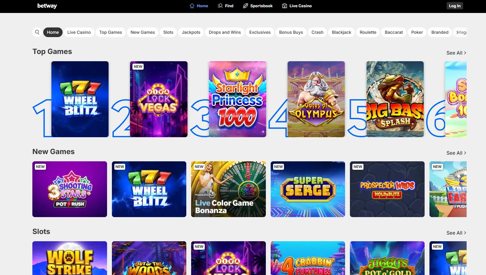 Screenshot of Betway's games lobby