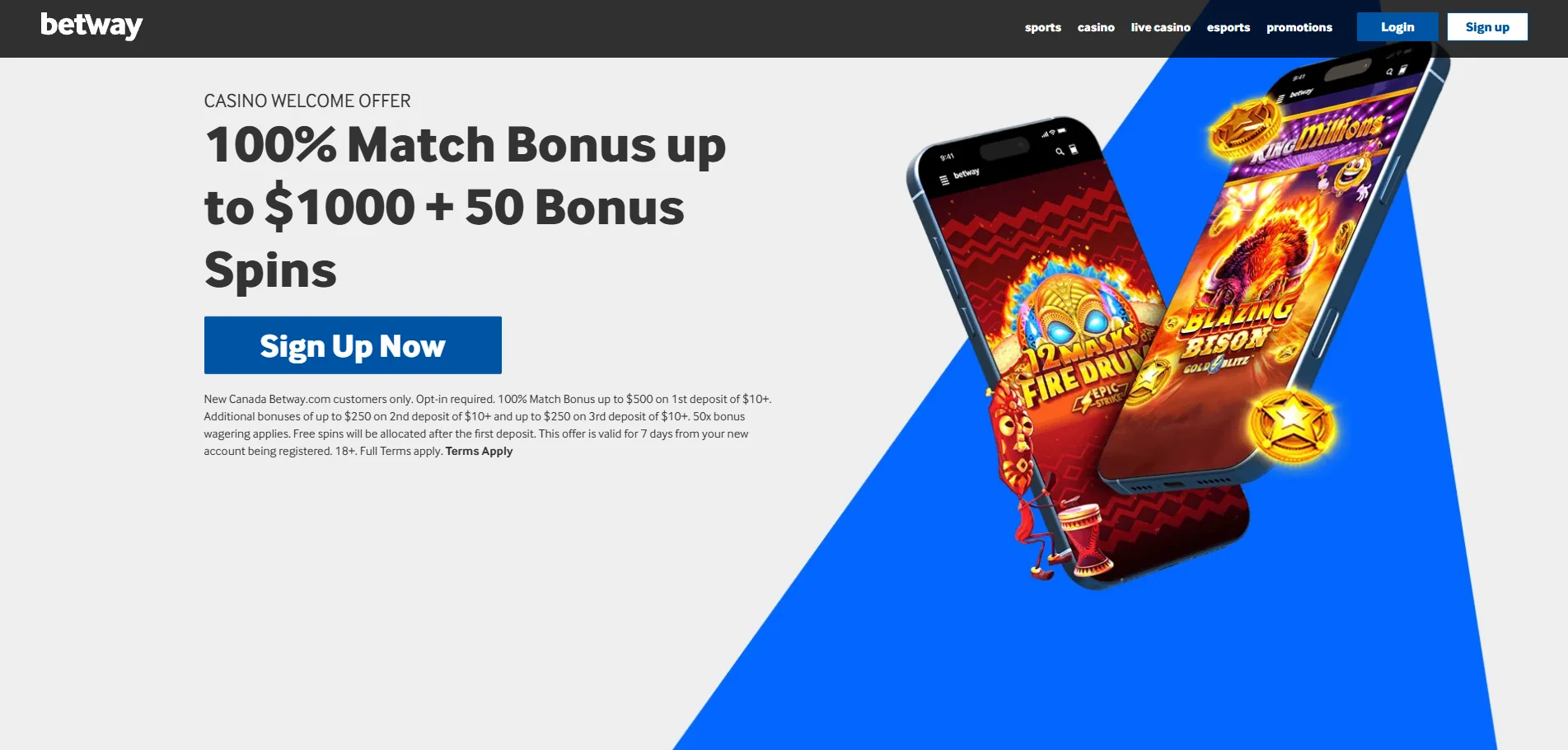 Screenshot of Betway's homepage
