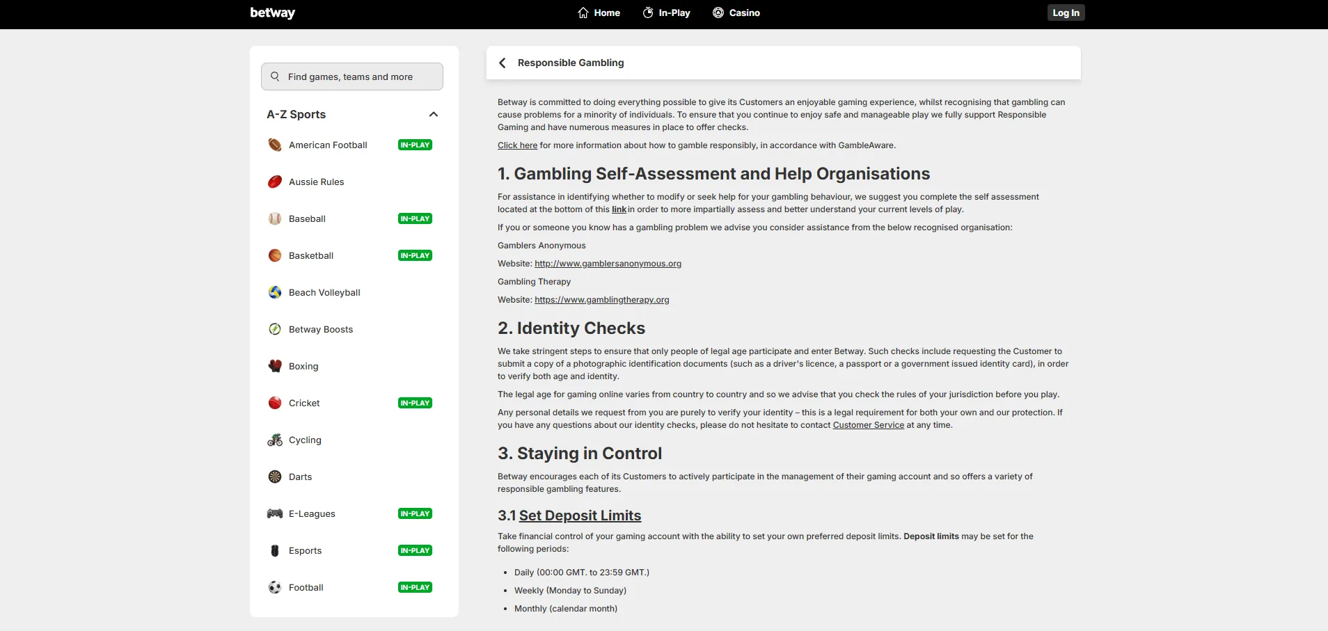 Screenshot of Betway's responsible-gambling tools