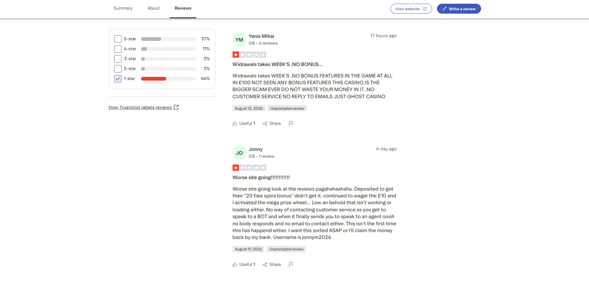 Screenshot of Betway's negative Trustpilot review